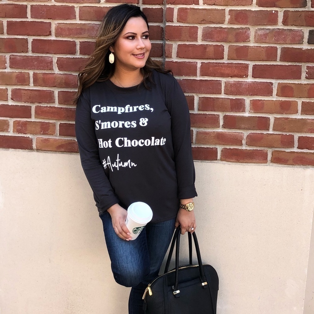 Fall Autumn Gray Long Sleeve Graphic Soft Campfires, S'mores, & Hot Chocolate